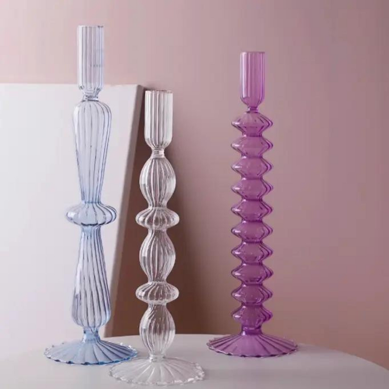 Purple Glass Candlestick Holder Set